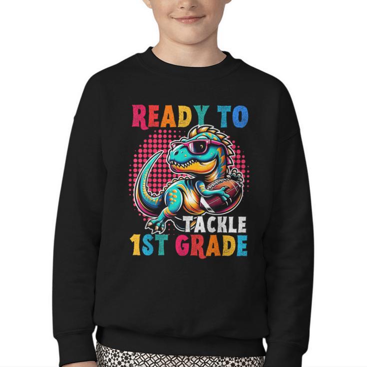 First Day Back To School 1st Grade Boys Football Dinosaur Youth Crewneck Sweatshirt
