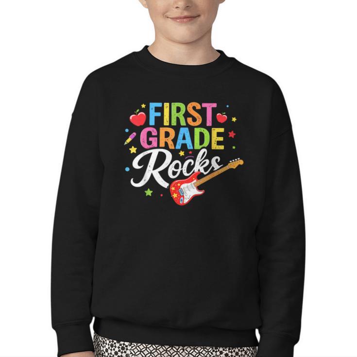 First Grade Rocks Colorful Back To School Guitar Youth Crewneck Sweatshirt