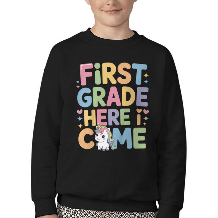 First Grade Here I Come Unicorn Back To School Youth Crewneck Sweatshirt