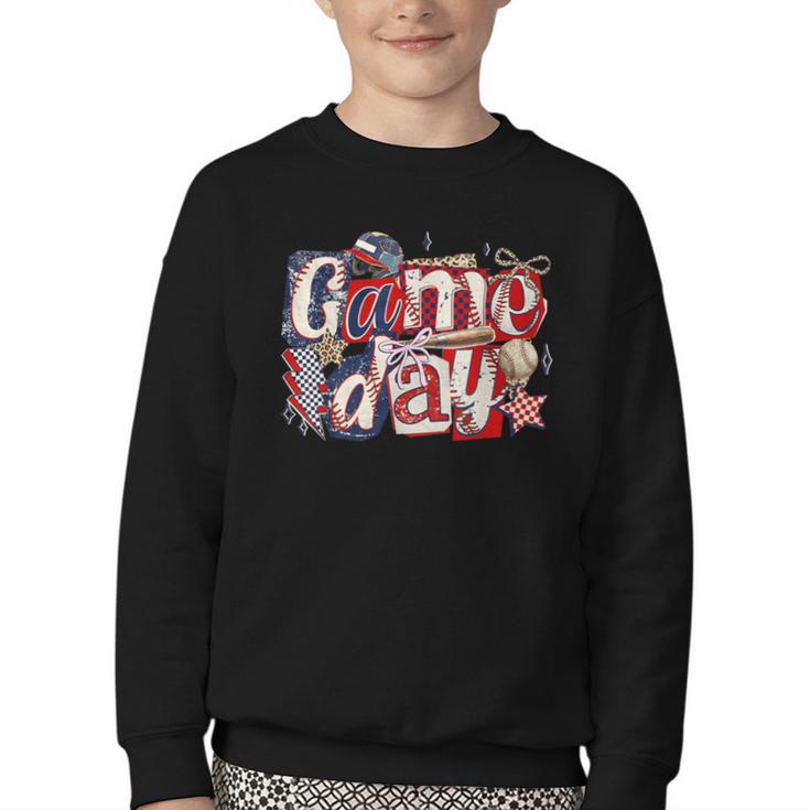 Game Day Baseball Leopard Coquette Bow Mama Mom Sister Youth Crewneck Sweatshirt