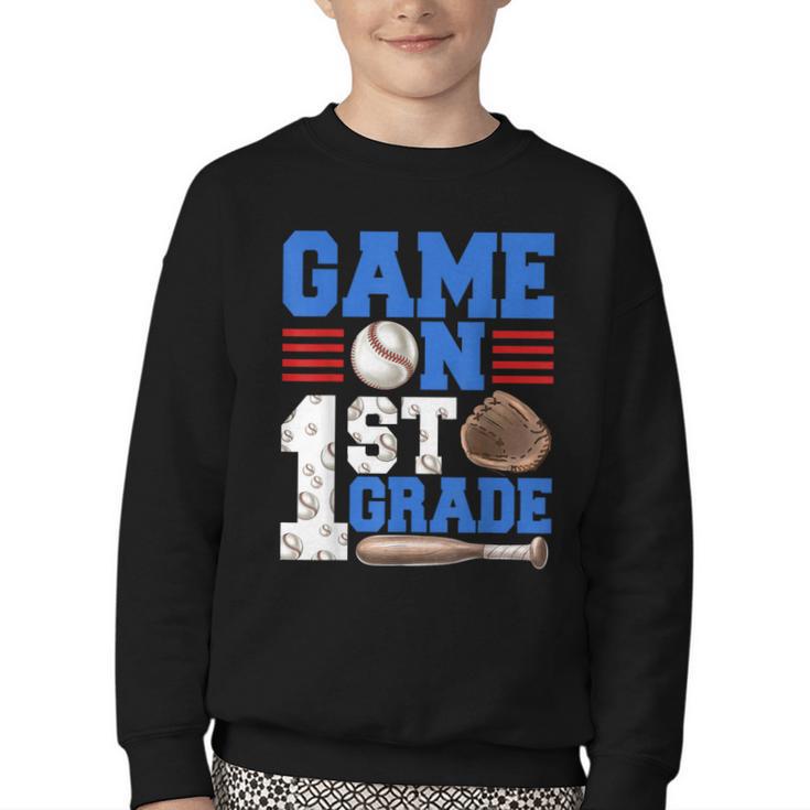 Game On First Grade Boy Baseball Back To School Youth Crewneck Sweatshirt