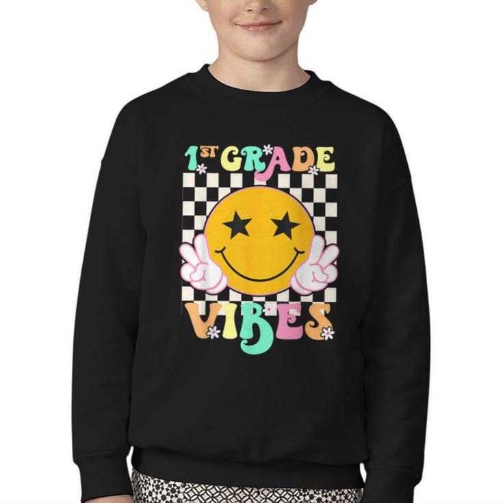 Girls 1st Grade Vibes Smile Face Back To School 1st Grade Youth Crewneck Sweatshirt