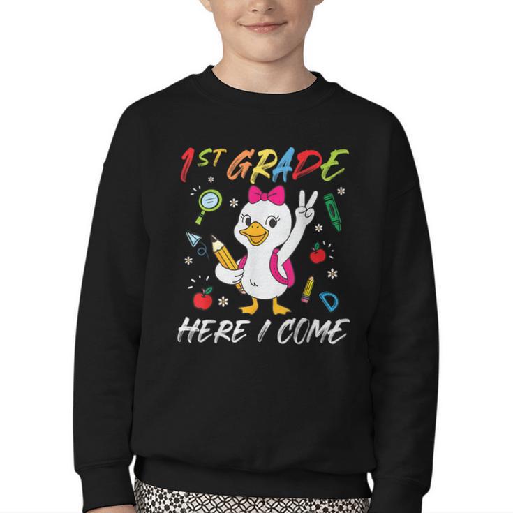 Girls Goose 1st Grade Here I Come Back To School Kids Youth Crewneck Sweatshirt