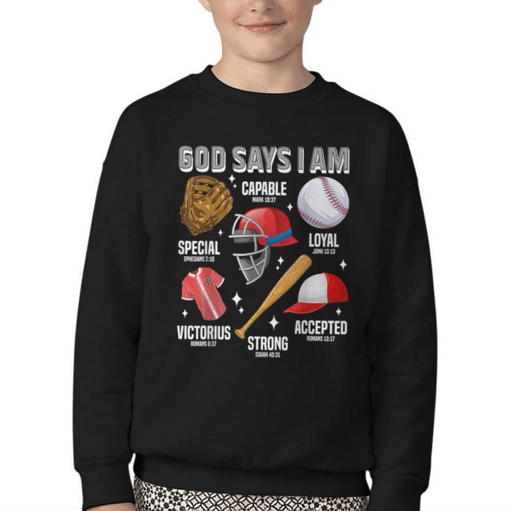 God Says I Am Baseball Player Catcher Pitcher Boys Men Youth Crewneck Sweatshirt