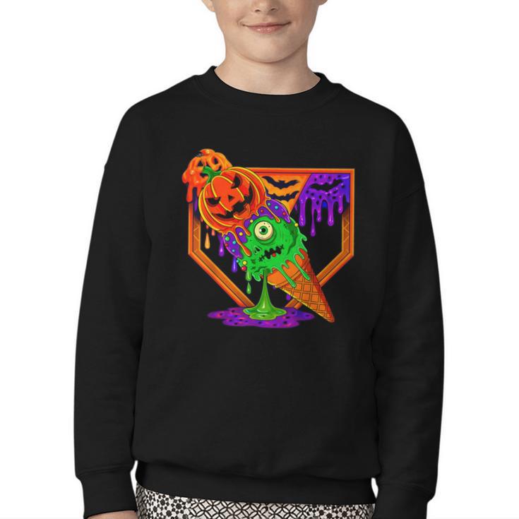 Halloween Baseball Ice Cream Drip Boys Girls Youth Youth Crewneck Sweatshirt