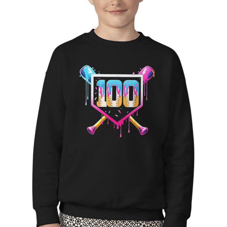 Happy 100 Days Of School Baseball Drip 100th Day Of School Youth Crewneck Sweatshirt