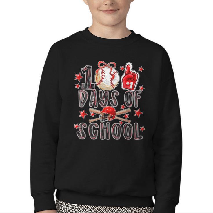 Happy 100 Days Of School Baseball Girls Coquette Bow Teacher Youth Crewneck Sweatshirt
