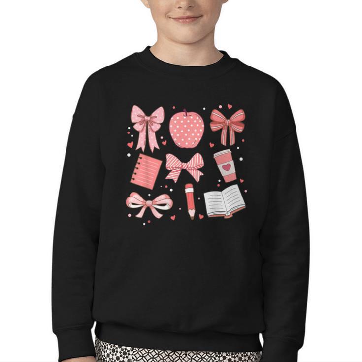 Happy Back To School 1st Day Toddler Girl Boho Coquette Bows Youth Crewneck Sweatshirt