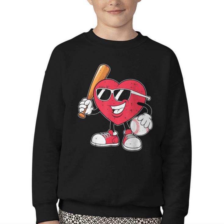 Heart Play Baseball Valentine's Day Teens Boys Girls Kids Youth Crewneck Sweatshirt