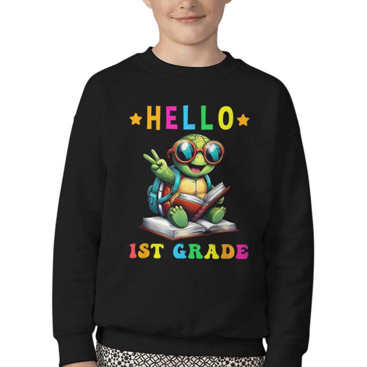 Hello 1st Grade Turtle Lovers Back To School Kids Boys Girls Youth Crewneck Sweatshirt