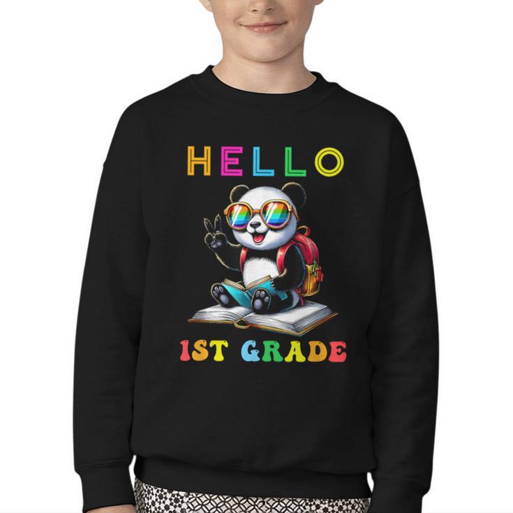 Hello First Grade Panda Lover Back To School Kids Boys Girls Youth Crewneck Sweatshirt