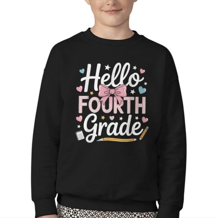 Hello Fourth Grade Back To School Girl Hearts Pink Bow Kids Youth Crewneck Sweatshirt