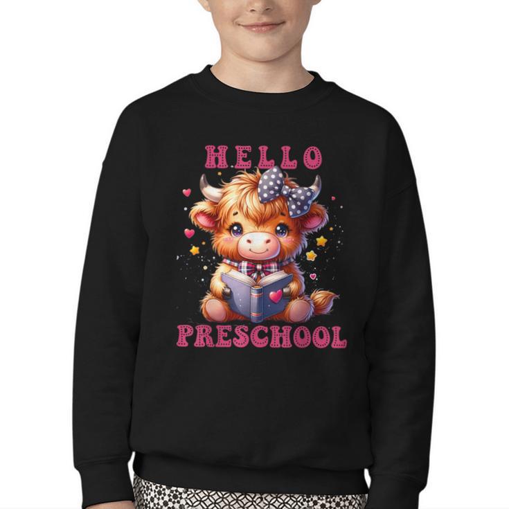 Hello Preschool Cute Highland Cow Lover Back To School Youth Crewneck Sweatshirt