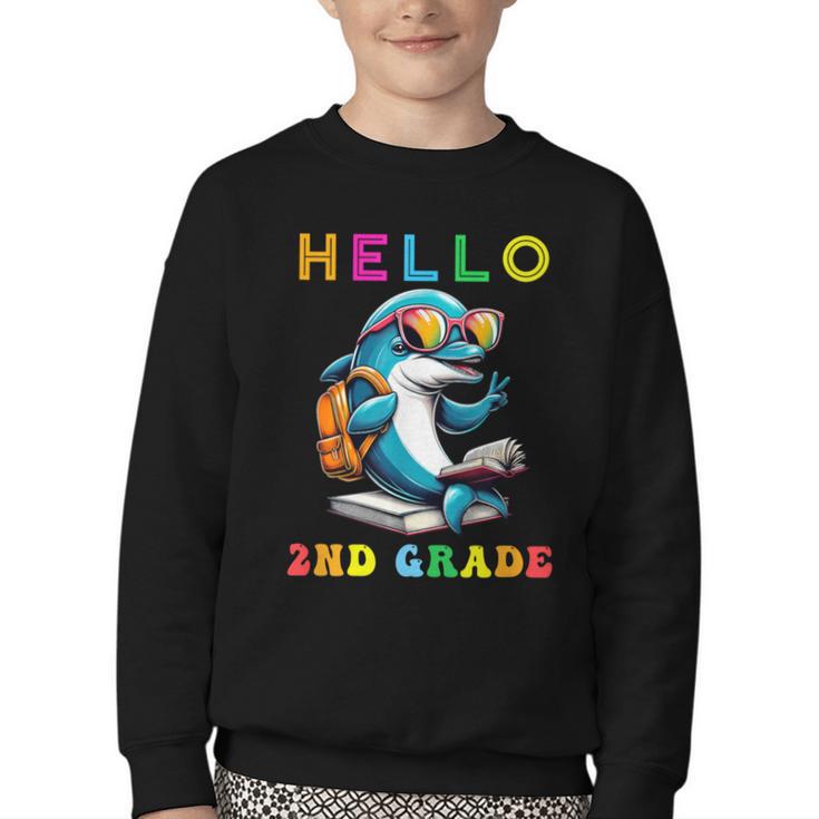 Hello Second Grade Dolphin Lover Back To School Kid Boy Girl Youth Crewneck Sweatshirt