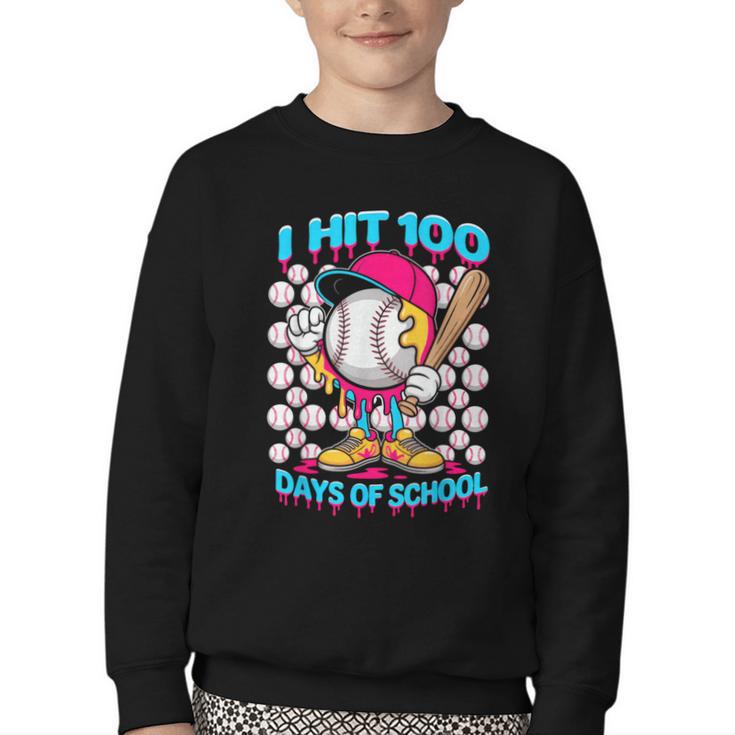 I Hit 100 Days Of School Baseball Ice Cream Drip Youth Crewneck Sweatshirt