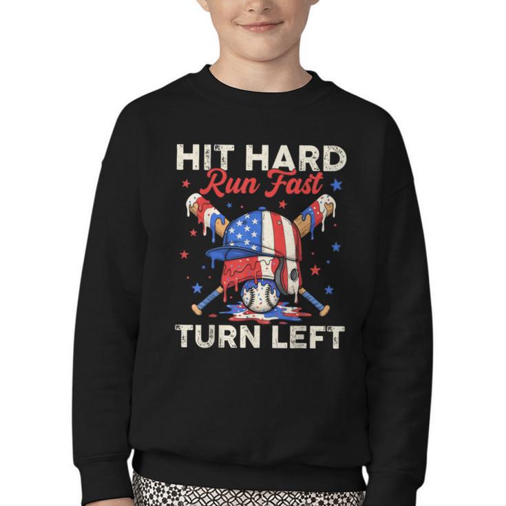 Hit Hard Run Fast Turn Left Baseball Cream Drip Crossed Bats Youth Crewneck Sweatshirt