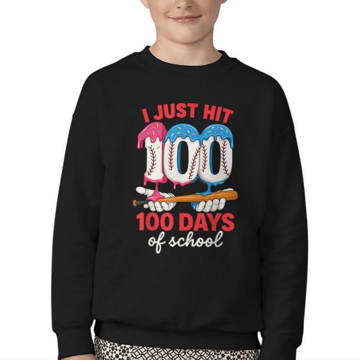 HUGvyn I Just Hit 100 Days Of School Baseball Ice Cream Boys Youth Crewneck Sweatshirt