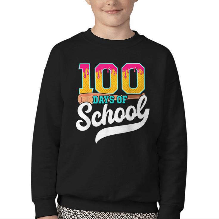 Ice Cream Drip 100 Days Of School Baseball Boys 100th Day Youth Crewneck Sweatshirt