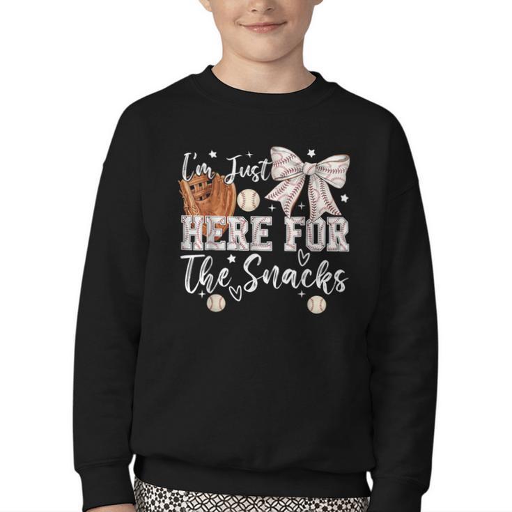I'm Just Here For The Snacks Baseball Coquette Game Day Girl Youth Crewneck Sweatshirt