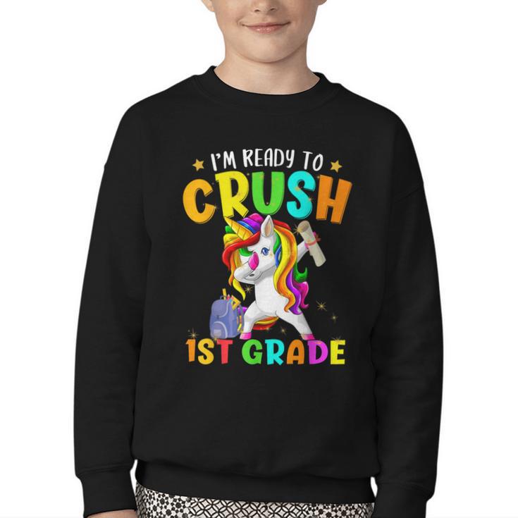 I'm Ready To Crush 1st Grade Dabbing Unicorn Back To School Youth Crewneck Sweatshirt I'm Ready To Crush 1st Grade Dabbing Unicorn Back To School Youth Crewneck Sweatshirt