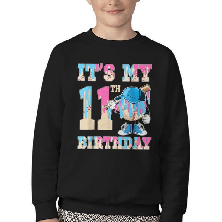 It's My 11th Birthday Baseball Ice Cream Drip Theme Youth Crewneck Sweatshirt