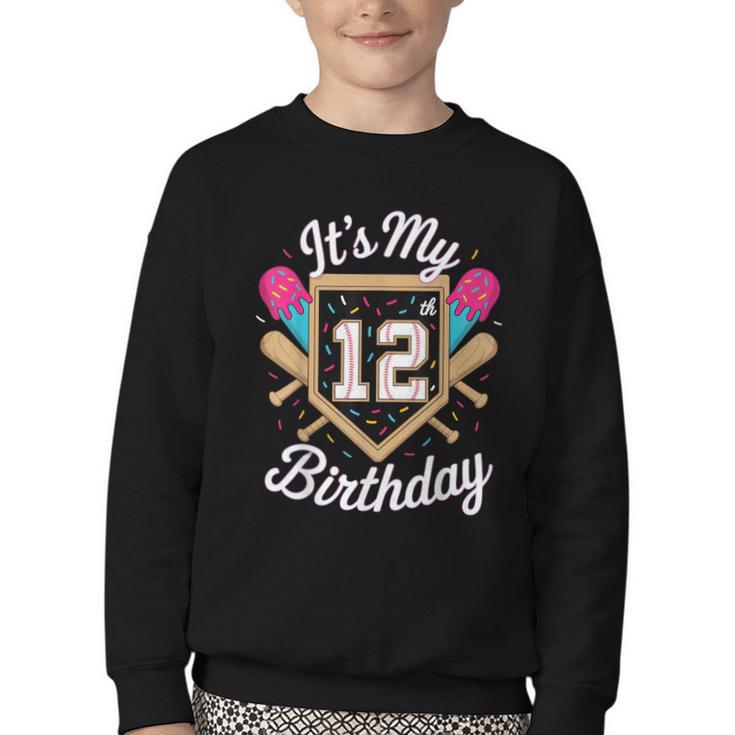 It's My 12th Birthday Baseball Fan Celebration Youth Crewneck Sweatshirt