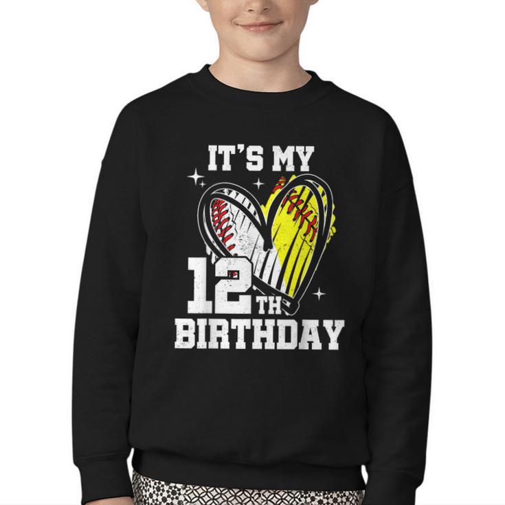 It's My 12th Birthday Baseball Softball Heart 12 Year Old Youth Crewneck Sweatshirt