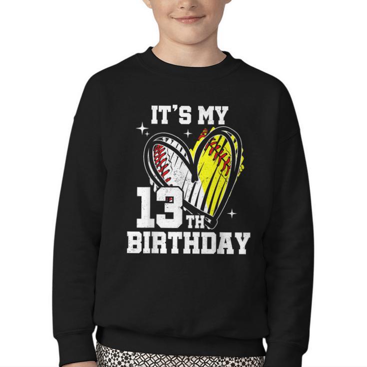 It's My 13th Birthday Baseball Softball Heart 13 Year Old Youth Crewneck Sweatshirt