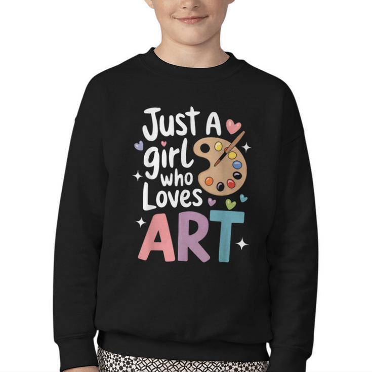 Just a Girl Who Loves Art Cute Back To School Kids Girls Youth Crewneck Sweatshirt