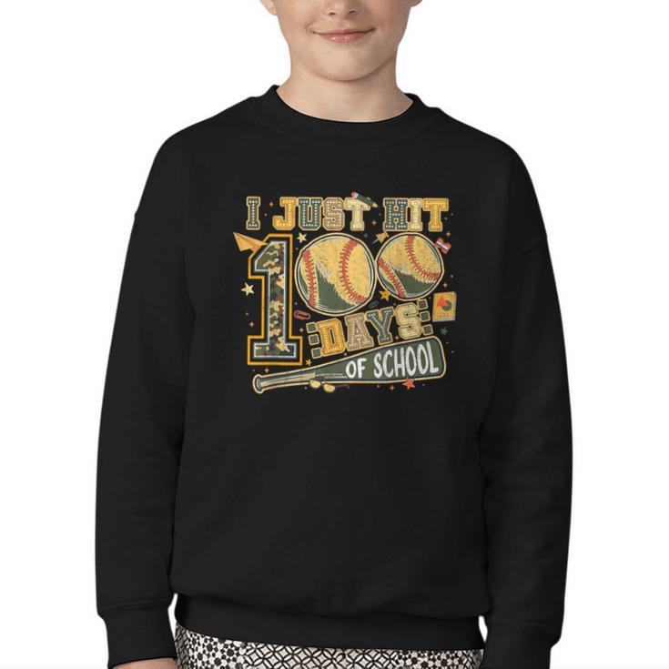 I Just Hit 100 Days Of School Baseball Camo Boys Kid Toddler Youth Crewneck Sweatshirt