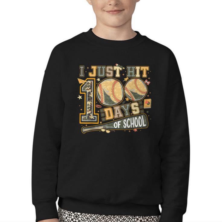 I Just Hit 100 Days Of School Camo Baseball Boy Kids Teacher Youth Crewneck Sweatshirt