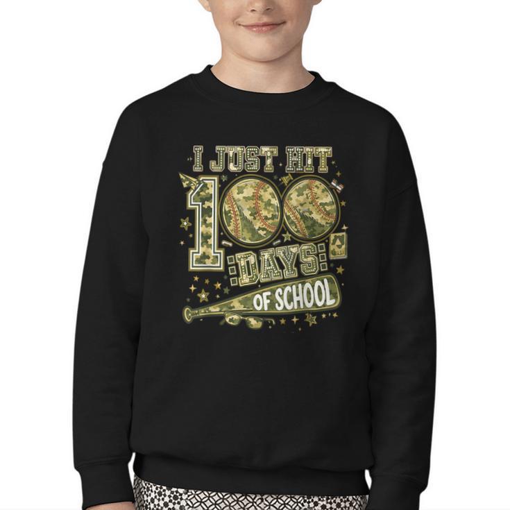 I Just Hit 100 Days Of School Camouflage Baseball Youth Crewneck Sweatshirt