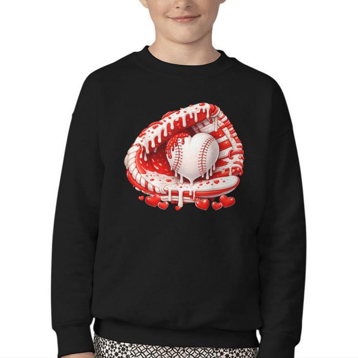 Kid Drip Ice Cream Baseball Heart Catcher Valentines Day Boy Youth Crewneck Sweatshirt