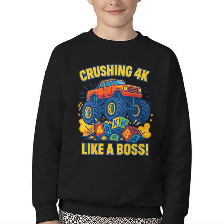 Kids 4k Boys Back To School Shirt Monster Truck Crushing 4k Youth Crewneck Sweatshirt