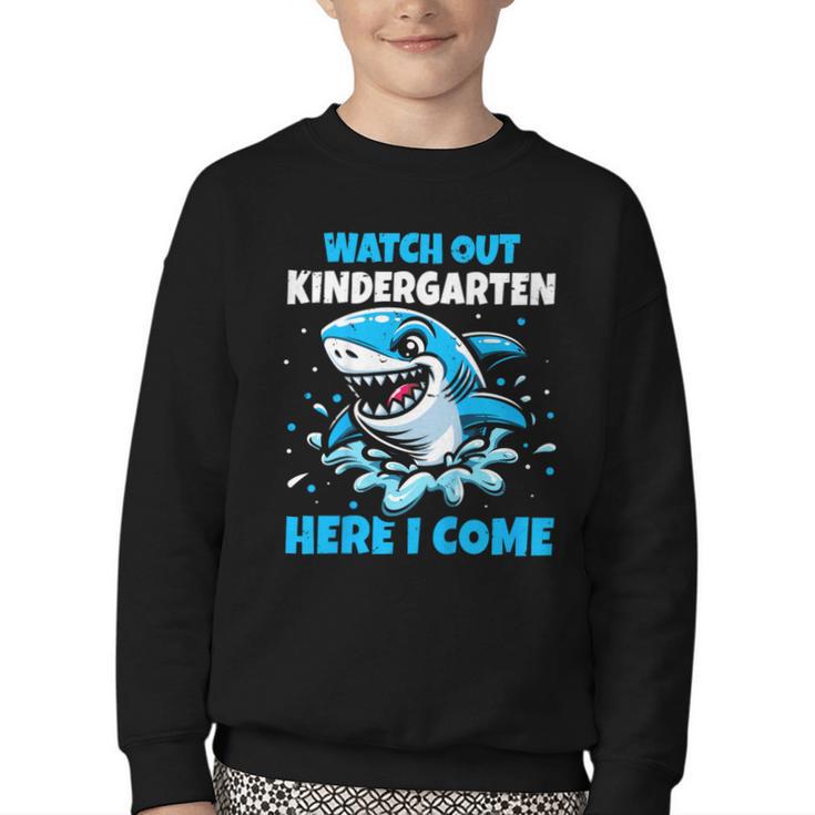 Kids Back To School Watch Out Kindergarten Here I Come Shark Boys Youth Crewneck Sweatshirt