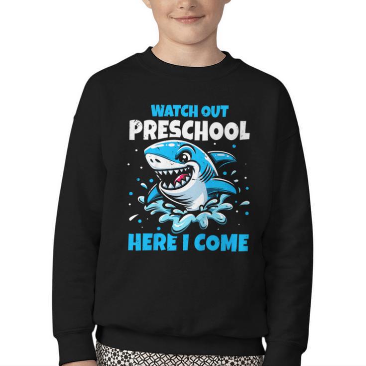 Kids Back To School Watch Out Preschool Here I Come Shark Boys Youth Crewneck Sweatshirt