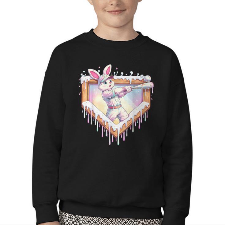 Kids Happy Easter Bunny Playing Baseball Boy Ice Cream Drip Youth Crewneck Sweatshirt