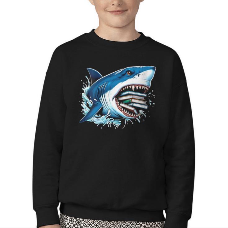 Kids Shark With School Books Back To School Shark Lovers Youth Crewneck Sweatshirt