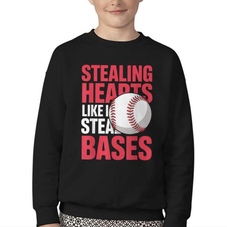 Kids Stealing Hearts Like I Steal Bases Cute Baseball Boys Youth Crewneck Sweatshirt