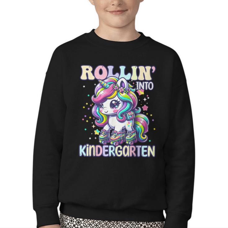 Kindergarten Back To School First Day Girls Rollin Unicorn Youth Crewneck Sweatshirt