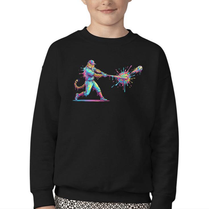 Leopard Baseball Player Ice Cream Drip For Boys Kids Youth Crewneck Sweatshirt