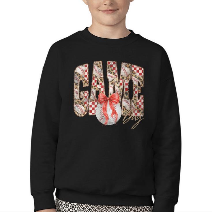 Leopard Checkered Game Day Baseball Coquette Bow Women Girls Youth Crewneck Sweatshirt
