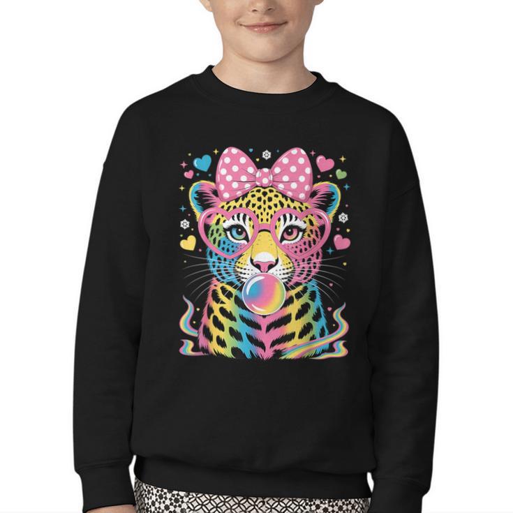 Leopard Glasses Blowing Bubble Gum Back To School Kids Youth Crewneck Sweatshirt
