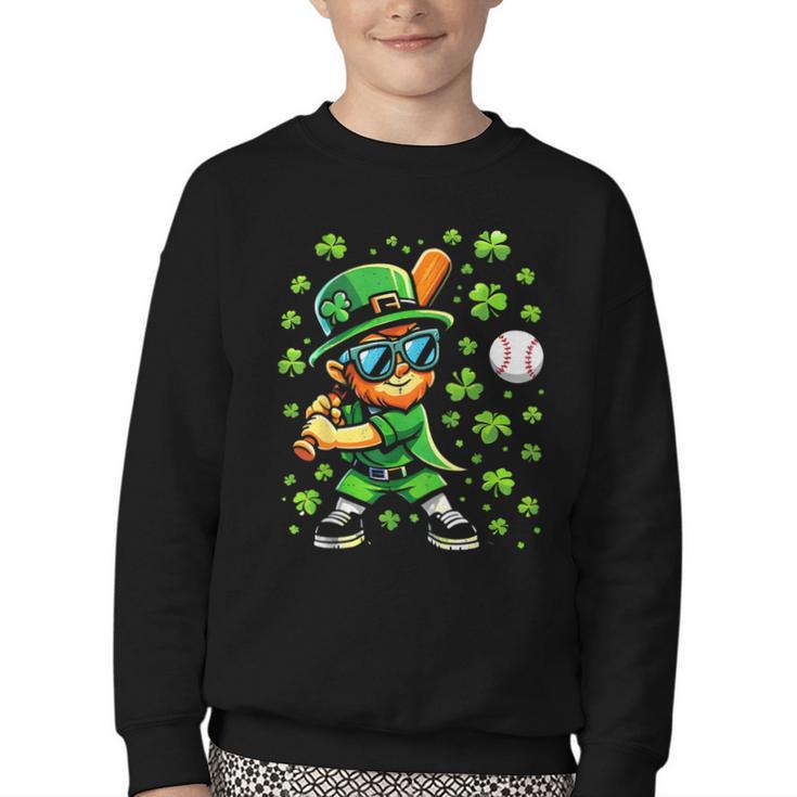 Leprechaun Playing Baseball Happy St Patricks Day Men Boys Youth Crewneck Sweatshirt