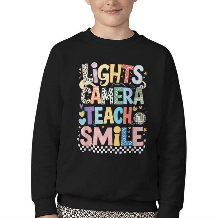 Lights Camera Teach Smile Back To School Awesome Learners Youth Crewneck Sweatshirt