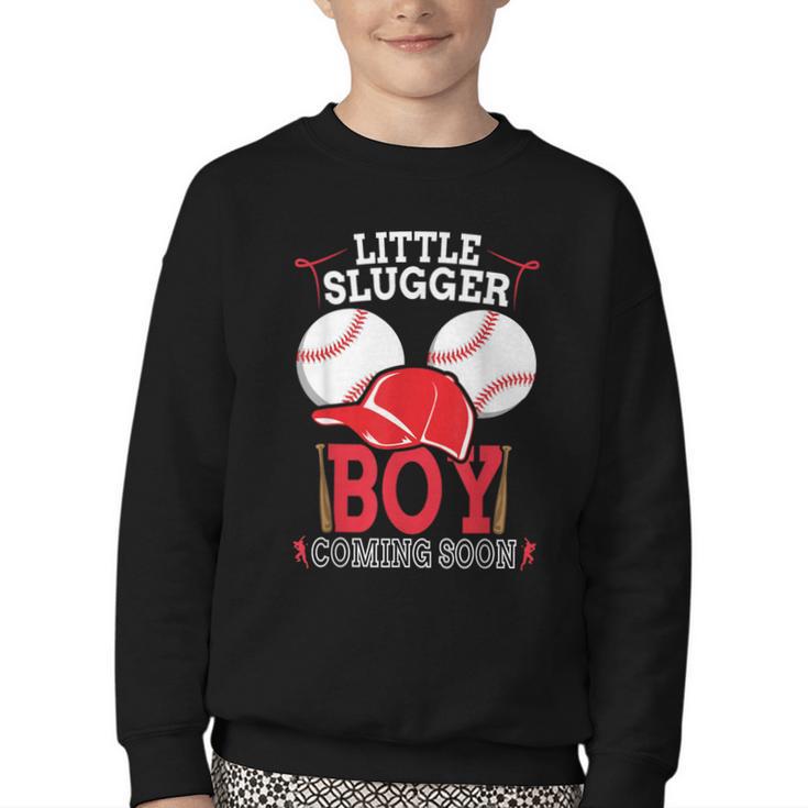 Little Slugger Boy Coming Soon Baby Announcement Baseball Youth Crewneck Sweatshirt