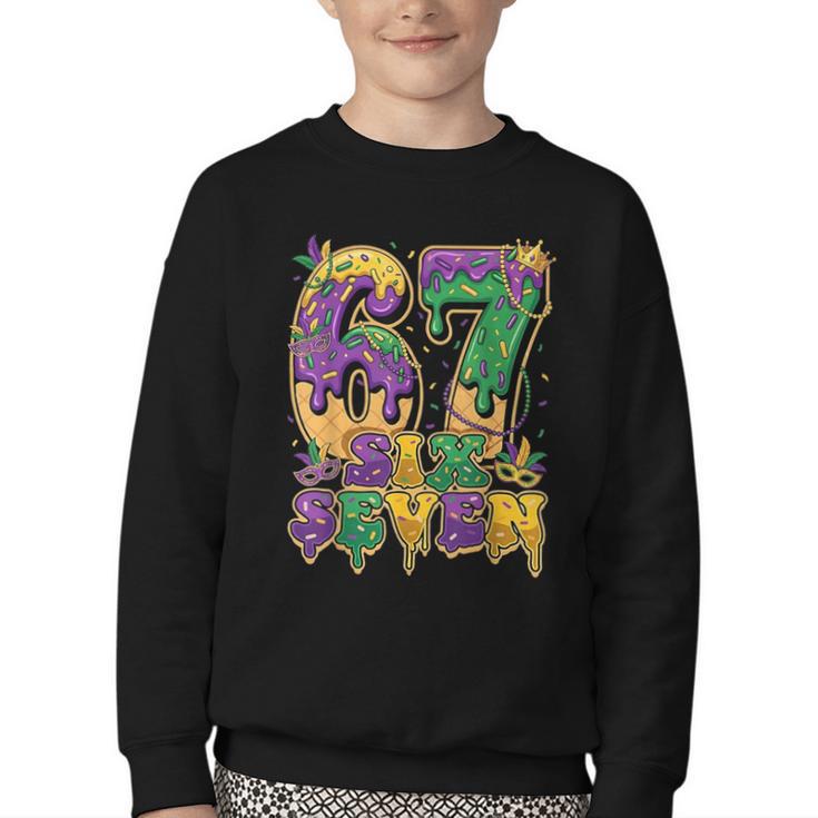 Mardi Gras Six Seven Baseball Drip Number 6 7 Meme Youth Crewneck Sweatshirt