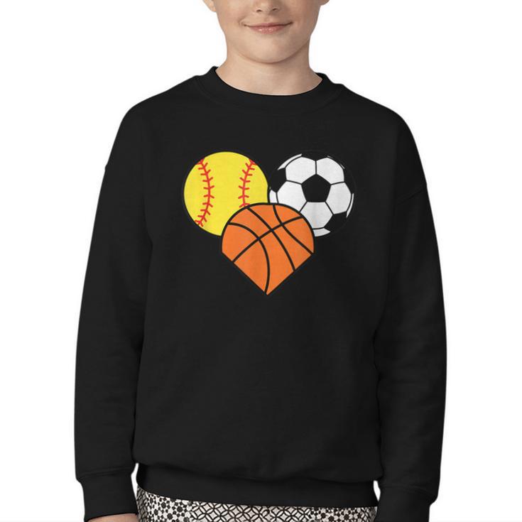 Mom Sports Heart Soccer Basketball Baseball Softball Youth Crewneck Sweatshirt