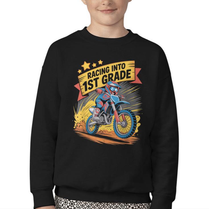 Motocross Dirt Bike Back To School Racing Into 1st Grade Youth Crewneck Sweatshirt