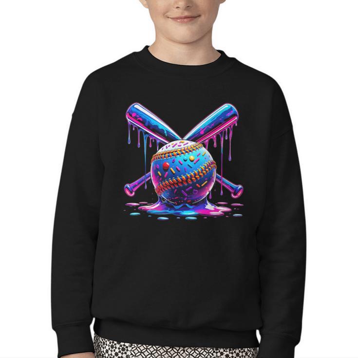 Neon Dripping Baseball And Bats Colorful Sports Art Youth Crewneck Sweatshirt